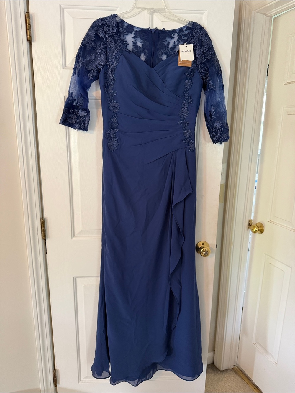 Mother of the Bride dress.  Missacc Navy Lace-Appliqué V-Neck Evening Gown